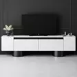TV-taso, 100% melamiinipinnoitettu lastulevy, valkoinen/musta, 180x50x30 cm, taivutettavat metallijalat, 18 mm paksuus - TV-tasot - 8684283557189 - 3