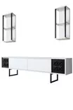 TV-taso valkoinen musta, 100% melamiinipinnoitettu lastulevy, metallijalat, 180x30x48 cm, seinähyllyt 22x21x60 cm - TV-tasot - 8683742126119 - 1