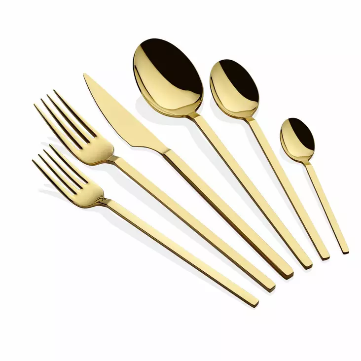 36-osainen Kultainen Ruokailuvälinesetti - 100% Ruostumaton Teräs, PVD Titaanipinnoite, 4mm, Käsinpesu - Aterimet ja ottimet - 8684283550449 - 1