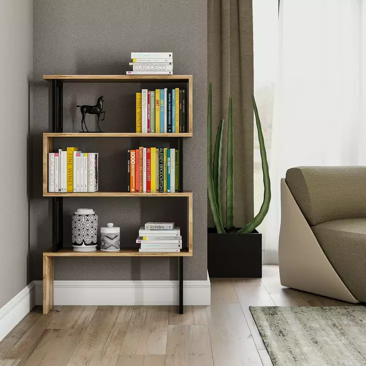 Walnut-värinen Kirjahylly, 100% Melamiinipinnoitettu Lastulevy, Metallirunko, 80x128x22 cm, Kiinnitettävä Seinäasennus - Kirjahyllyt - 8681875342109 - 1