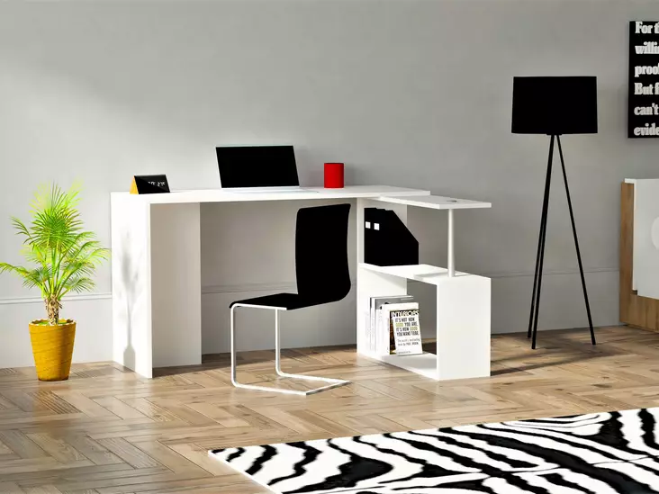 Monikäyttöinen Valkoinen Opiskelupöytä 130x73,8x50 cm, 100% Melamiinipinnoitettu, Lisähyllyllä ja Säilytystilalla - Työpöydät - 8681875883169 - 1