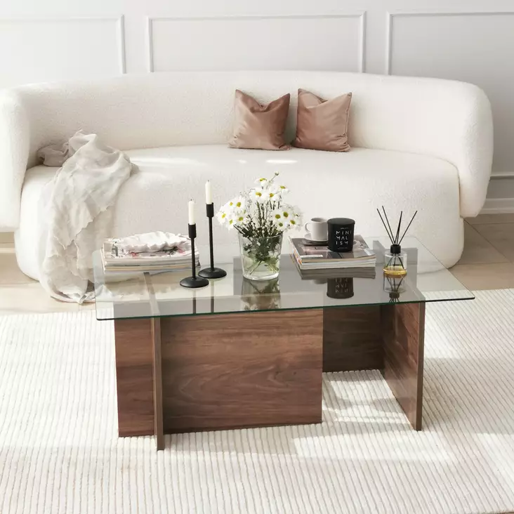 Walnut-värinen sohvapöytä: 100% karkaistu lasi, melamiinipinnoitettu runko, 105x40x65 cm, tyylikäs ja kestävä - Sohvapöydät - 8683342979139 - 1
