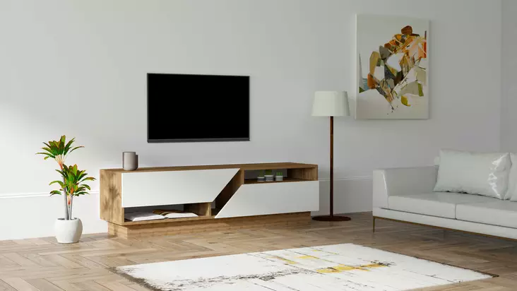 TV-taso, valkoinen, 160 cm leveä, kestävä, runsaasti säilytystilaa - TV-tasot - 8683342050029 - 1