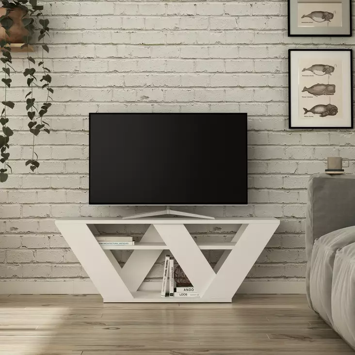TV-taso, Valkoinen, 100% Melamiinipinnoitettu Lastulevy, 18mm, 110x40x30cm, Useita Hyllyjä, Kiinnitettävissä Seinäkiinnitys - TV-tasot - 8681875101119 - 1