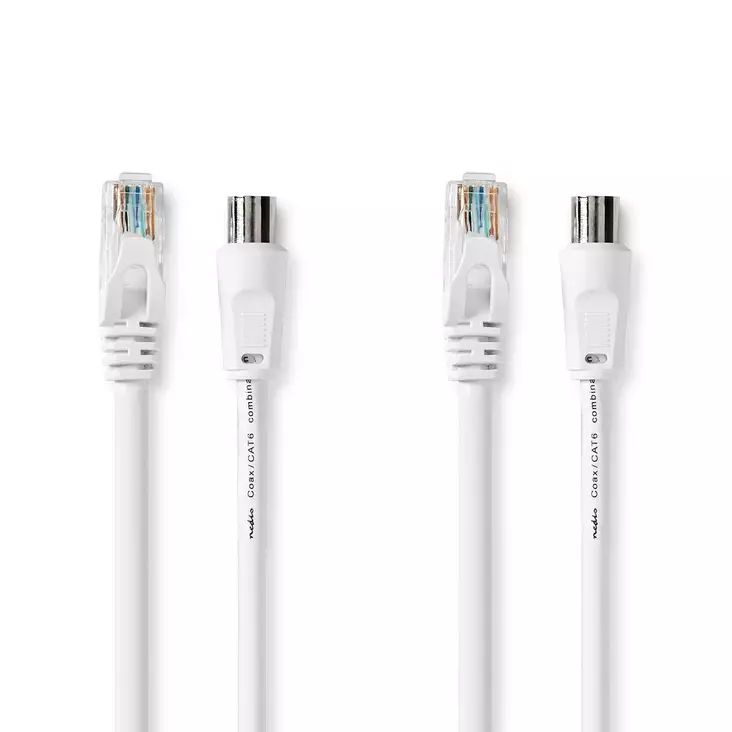 Coax & Cat6 yhdistelmäkaapeli | IEC (Coax) Uros / RJ45 uros | IEC (Coax) Naaras / RJ45 uros | Niklattu | RG58 | 75 Ohm | Tuplasuojattu | 3.00 m | Pyöreä | PVC | Valkoinen | Label - Antennikaapelit - 5412810426409 - 1