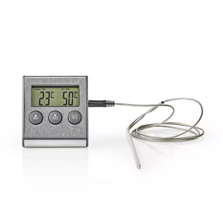 Lihalämpömittari | Ajastin / Hälytys | LCD-näyttö | 0 - 250 °C | Hopea / Musta - Nedis tuotteet - 5412810311859 - 1