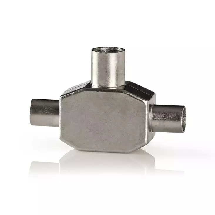 Satelliitti- ja antenni-sovitin | 2x koaksiaali uros | IEC (Coax) Naaras | Niklattu | 75 Ohm | T-jakaja | Metalli | Valkoinen | 1 kpl | Laatikko - Antenniliittimet ja adapterit - 5412810265619 - 1