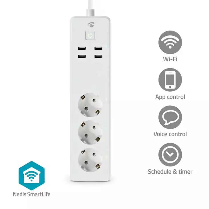 SmartLife Jatkojohto | 3x Maadoitettu virtaliitin (CEE 7/3) / 4 x USB | 16.0 A | 3680 W | 1.80 m | -10 - 40 °C | Android / IOS | Valkoinen - Älypistorasiat - 5412810419449 - 50