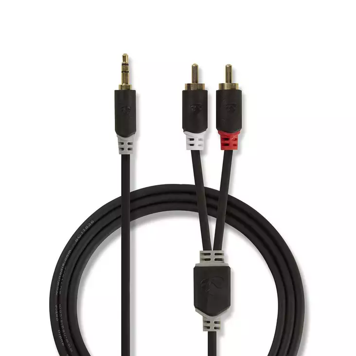 Stereoäänikaapeli | 3.5 mm uros | 2x RCA uros | Kullattu | 3.00 m | Pyöreä | Antrasiitti | Laatikko - Audiokaapelit - 5412810265039 - 1