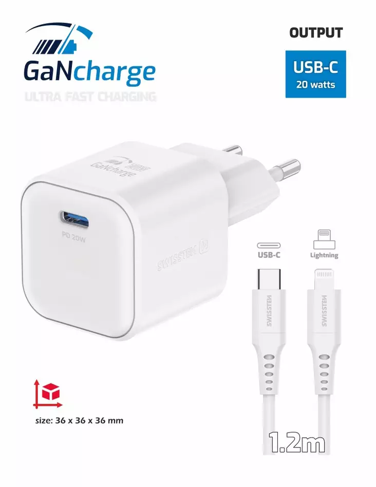 Swissten GaN+ USB-C 20W -laturi + USB-C/Lightning-kaapeli - Verkkolaturit - 8595217484399 - 1
