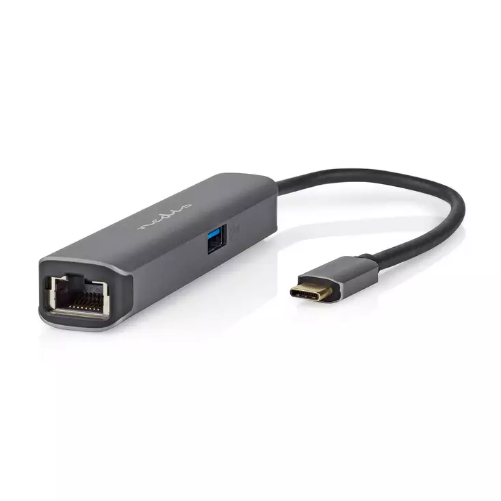 USB N Moniporttisovitin | 4-in-1 | USB 3.2 Gen 1 | USB-C Uros | HDMI Ulostulo / RJ45 Naaras / USB-A Naaras / USB-C Naaras | 5 Gbps | 0.20 m | Pyöreä | Kullattu | PVC | Antrasiitti | Laatikko - Tietokone ja verkko - 5412810414239 - 1