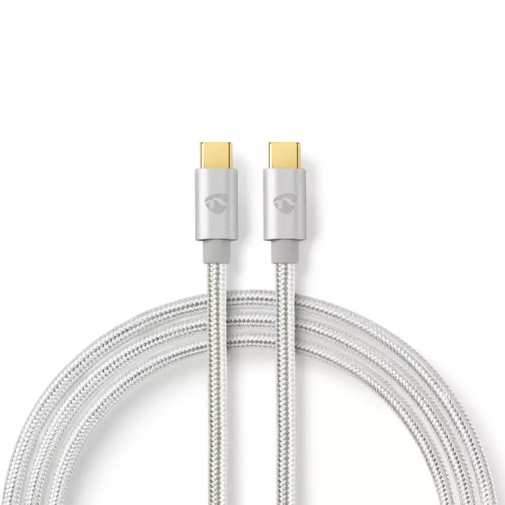 USB kaapeli | USB 2.0 | USB-C Uros | USB-C Uros | 100 W | 480 Mbps | Kullattu | 1.00 m | Pyöreä | Nailon / Punottu | Hopea | Laatikko kannella ja ikkunalla - Tietokone ja verkko - 5412810331109 - 1