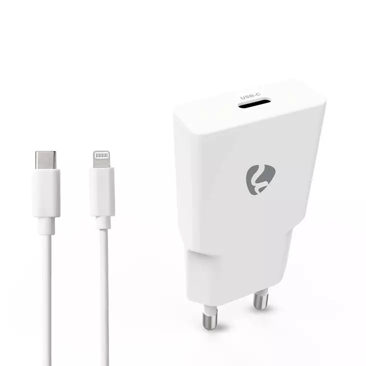 Seinälaturi | 20 W | GaN | PD3.0 | 1.67 A / 2.22 A / 3.0 A | Lähtöliitäntöjen määrä: 1 | USB-C | Lightning 8-Pin (irrallinen) Kaapeli | 1.00 m | Automaattinen Jännitteen Valinta | Valkoinen - Verkkolaturit - 5412810472819 - 1