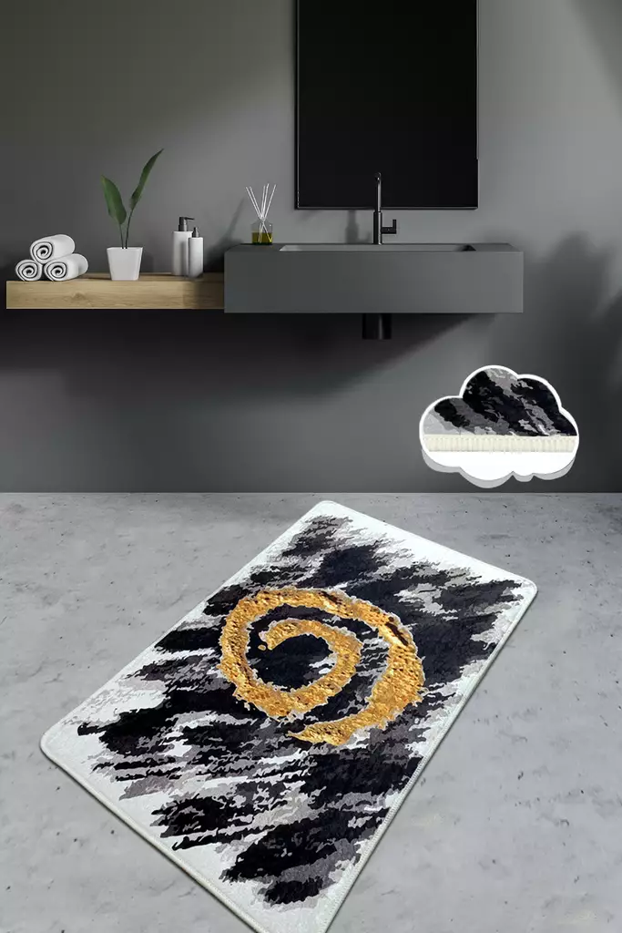 Antibakteerinen Musta Valkoinen Kulta Kylpymatto 80x100 cm - 100% Polyesteri, Konepestävä, Liukumaton, 10 mm Paksuus - Kylpyhuonematot ja kosteantilan matot - 8682870915039 - 1