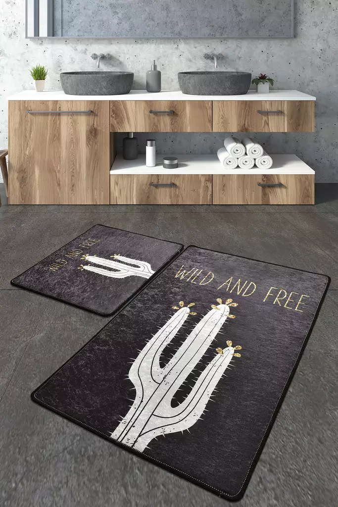 Kylpyhuonematto Setti 2-osainen: Musta Valkoinen, 100% Polyesteri, Antiallerginen, Liukumaton, 50x60cm & 60x100cm - Kylpyhuonematot ja kosteantilan matot - 8682870129849 - 1
