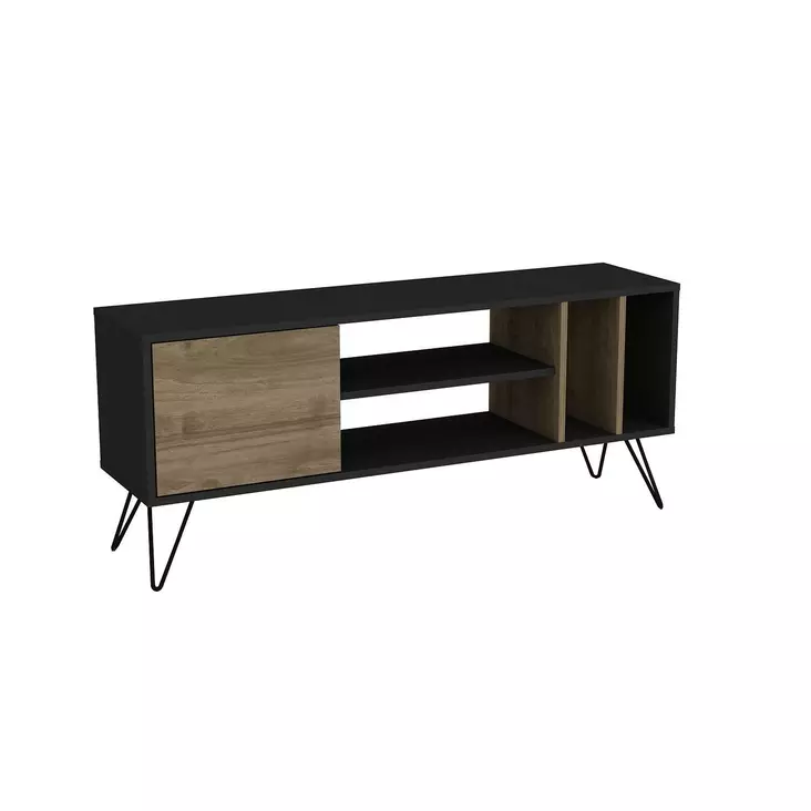 Moderni TV-taso, 140 cm, Pähkinä/Musta, 100% Melamiinipinnoitettu, Metallijalat, Useita Hyllyjä, Kiinnitettävissä Seinäälle - TV-tasot - 8681875670479 - 1