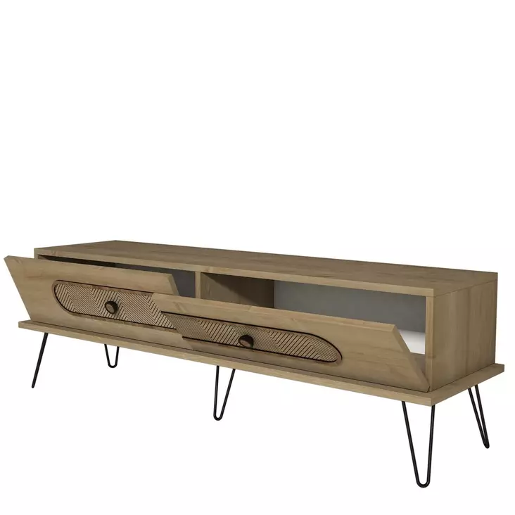 Moderni TV-taso, Tammi, 100% Melamiinipinnoitettu Lastulevy, 18mm, CNC Relief 4mm, Metallijalat, 145x45x40cm, Useita Hyllyjä - TV-tasot - 8681875184549 - 1