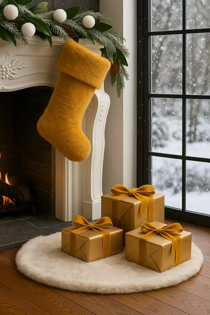 Mustard Christmas Stocking - 100% Polyester, 37x24x5 cm, Konepestävä 20 °C, Joulukoristeet, Luksus Sisustus - Joulukoristeet ja -tekstiilit - 8684283979349 - 1