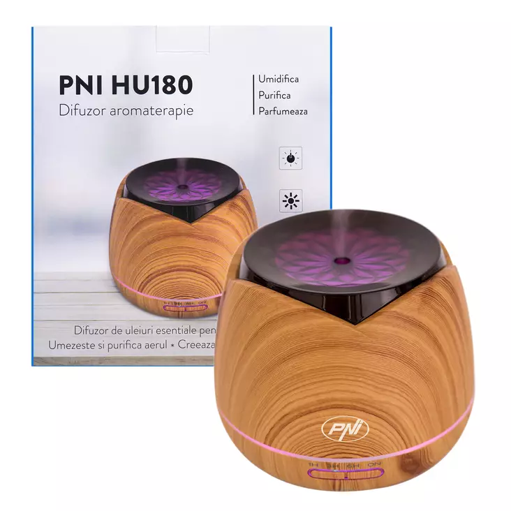 PNI HU180 aromaterapiahajotin eteerisille öljyille, ultraääni, 400 ml, ajastin, 7 väriä LED, automaattinen sulkeminen, puunjyvä - PNI tuotteet - 5949066518409 - 1