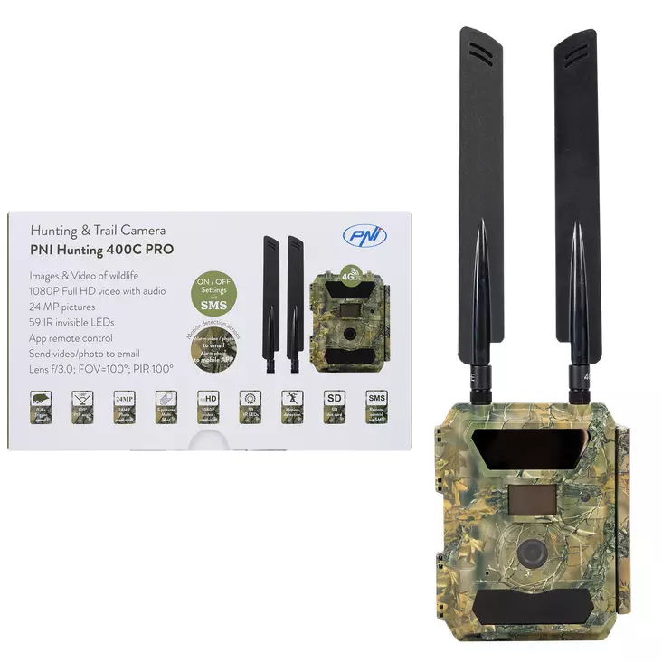 PNI Hunting 400C PRO 24MP metsästyskamera, jossa 4G LTE Internet, GPS, lähettää samanaikaisesti videota ja valokuvaa puhelimeen, 4 sähköpostia, FTP, Full HD 1080P, Night Vision, 59 näkymätöntä LEDiä e - PNI tuotteet - 5949066528019 - 1