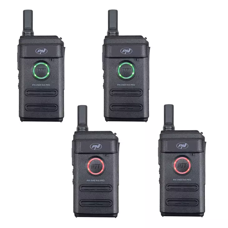 Sarja 4 kannettavaa radioasemaa PNI PMR R10 PRO, 446 MHz, 0,5 W, 16 ohjelmoitavaa kanavaa, 16 PMR ja 50 CTCSS ja 104 DCS-ääntä, näyttö, skannaus - PNI tuotteet - 5949066542619 - 1