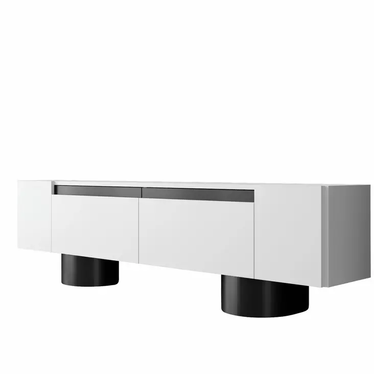 TV-taso, 100% melamiinipinnoitettu lastulevy, valkoinen/musta, 180x50x30 cm, taivutettavat metallijalat, 18 mm paksuus - TV-tasot - 8684283557189 - 1