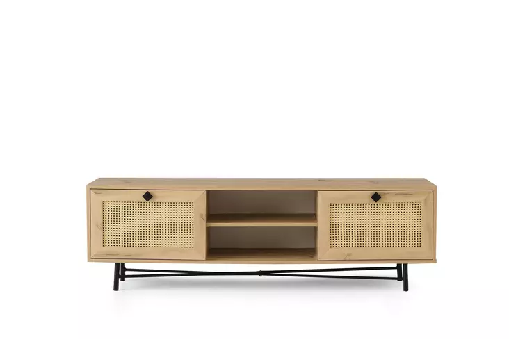 TV-taso, 180x60x40 cm, Tammi-Musta, 100% Melamiinipinnoitettu, Useita Hyllyjä, Kiinnitettävissä Seinäkiinnityksellä - TV-tasot - 8682870168619 - 1