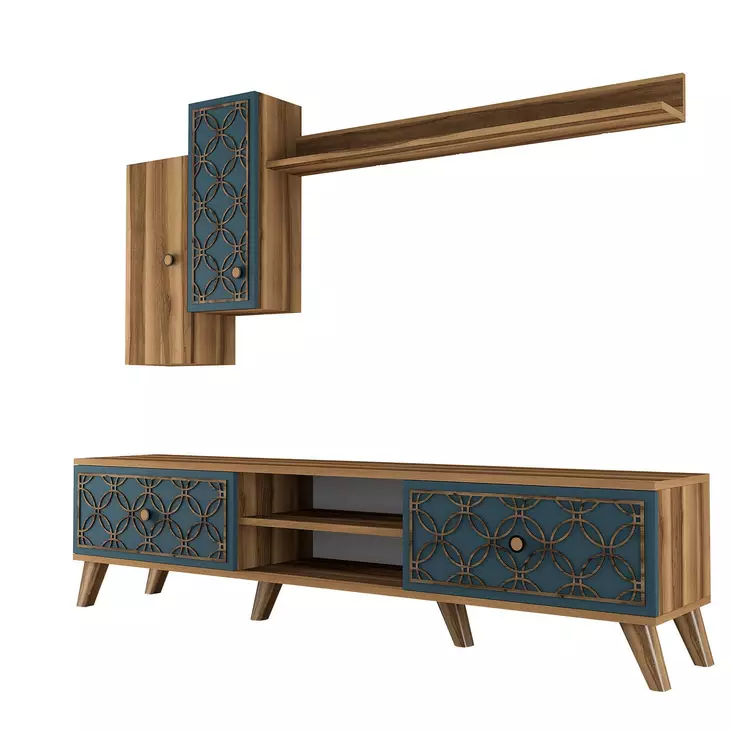 TV-taso, Huonekalut, Pähkinä-Kalsedoni, 100% Melamiinipinnoitettu Lastulevy, 18mm, CNC Relief 4mm, Muovijalat, 180x44x35cm - TV-tasot - 8681875184389 - 1