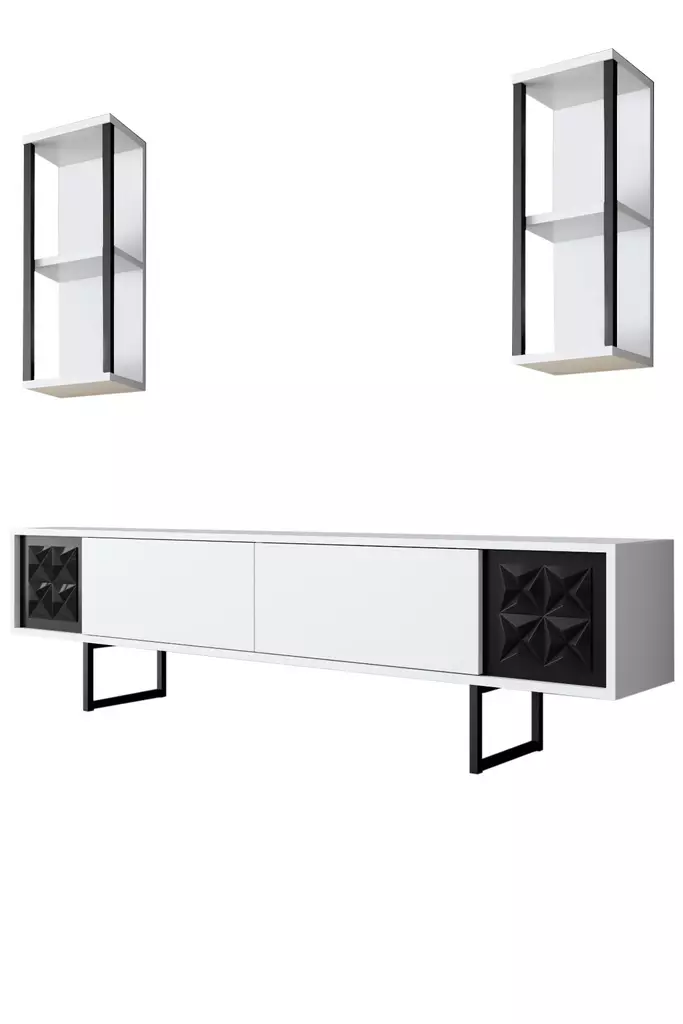 TV-taso valkoinen musta, 100% melamiinipinnoitettu lastulevy, metallijalat, 180x30x48 cm, seinähyllyt 22x21x60 cm - TV-tasot - 8683742126119 - 1