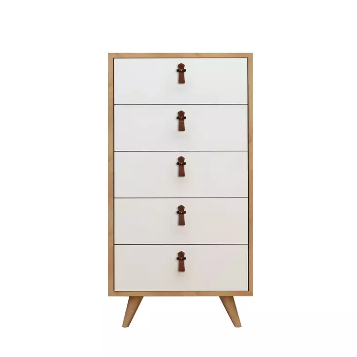Tyylikäs ja Monikäyttöinen Tammi Valkoinen Lipasto - 5 Vetolaatikkoa, Useita Hyllyjä, PU Nahkakahva, 50x103x40 cm - Huonekalut - 8681875207439 - 1