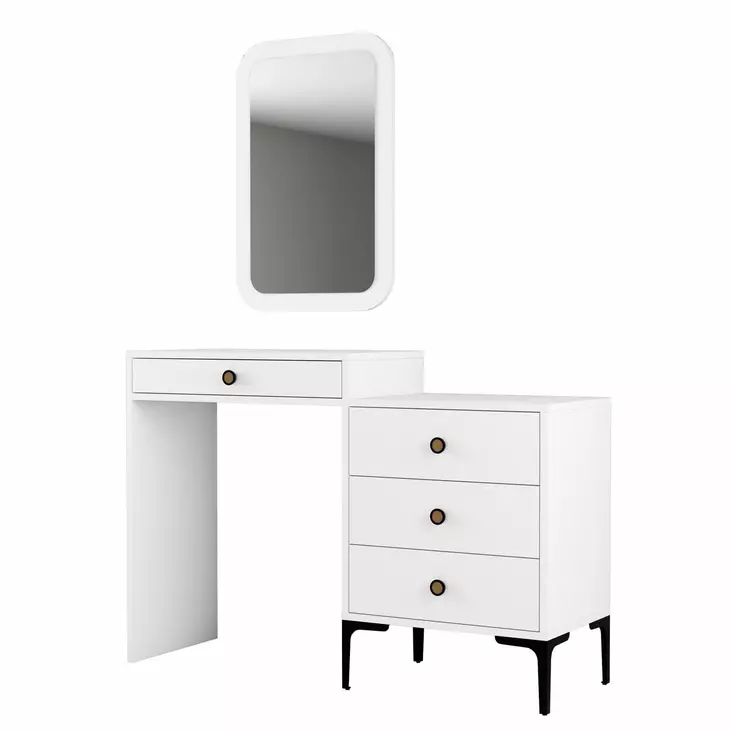 Valkoinen Meikkipöytä Peilillä - Moderni ja Tyylikäs Dresseri - 100% Melamiinipinnoitettu - 124x84,7x40 cm - Metallijalat - Meikkipöydät - 8683743327249 - 1
