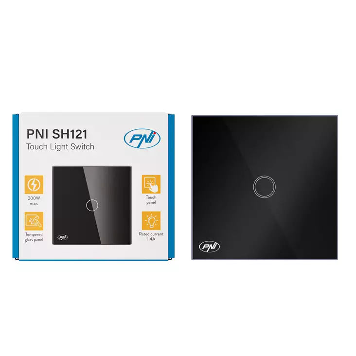 Yksinkertainen kosketuskytkin PNI SH121, lasia, musta, LED-merkkivalolla, 10A 200W - PNI tuotteet - 5949066530029 - 1