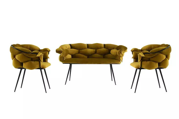 Ylellinen Ocher Musta Sohvasetti - 2- ja 1-istuttavat, Metalli Runko, Samettikangas, Kestävä ja Tyylikäs Design - Sohvat - 8683742121589 - 1